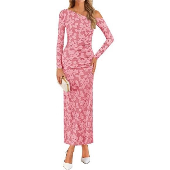 Women's Floral Off Shoulder Bodycon Maxi Dress Pink - Picture 1 of 6